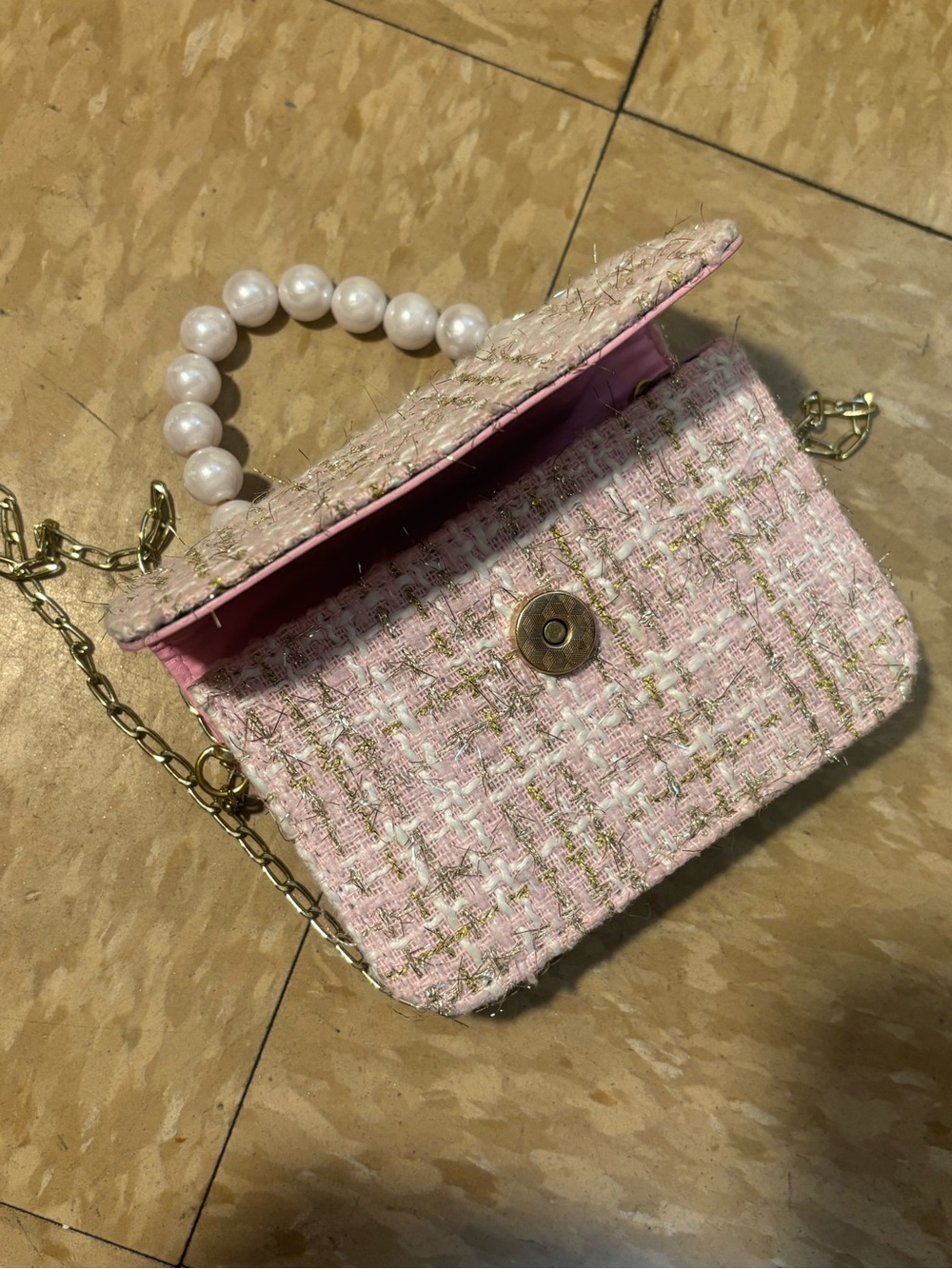 Pink Tweed Mini Crossbody with Pearl Handle